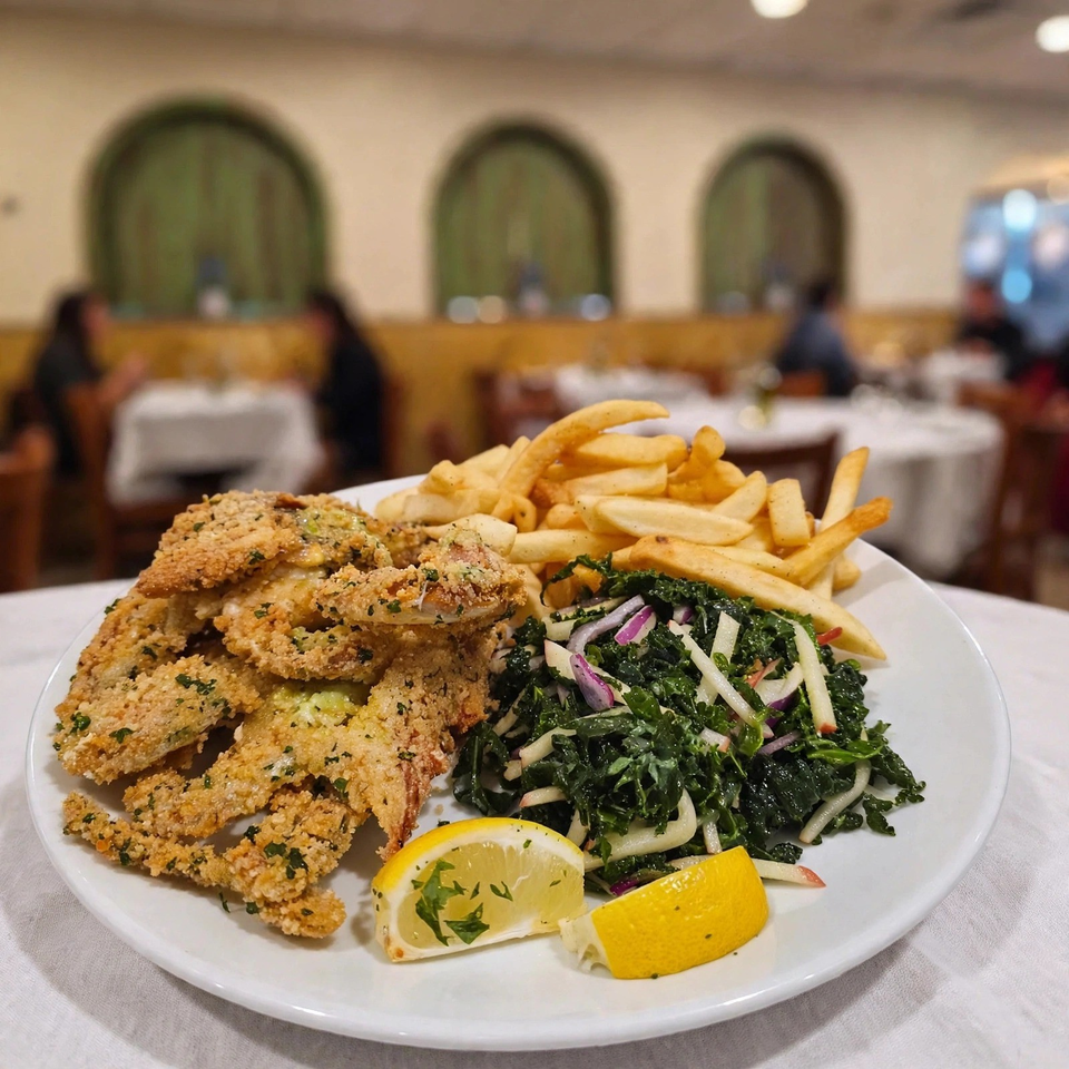Breaded fried seafood with French fries, kale slaw, and lemon wedges served in an elegant restaurant dining room.