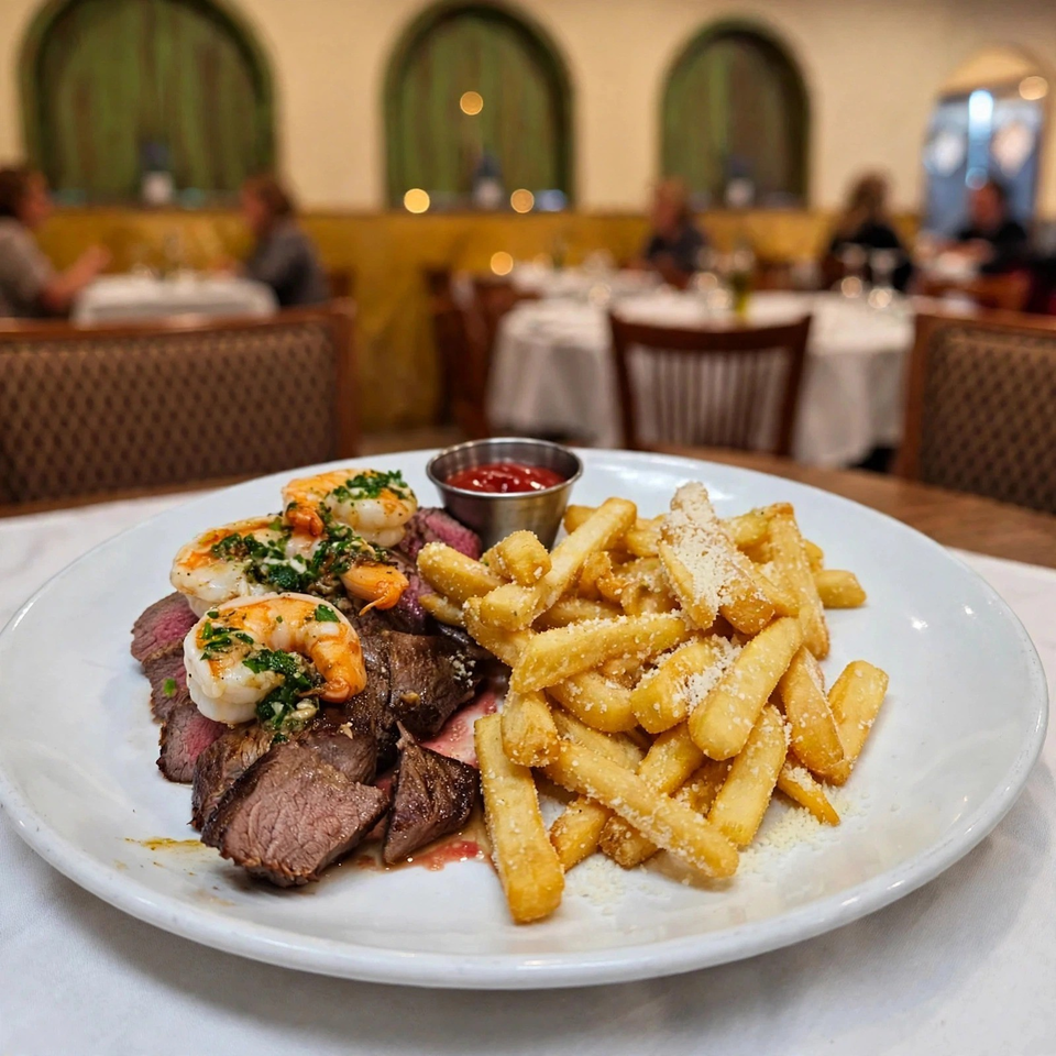 Grilled steak topped with garlic shrimp, served with Parmesan-dusted fries and dipping sauce in an elegant restaurant.