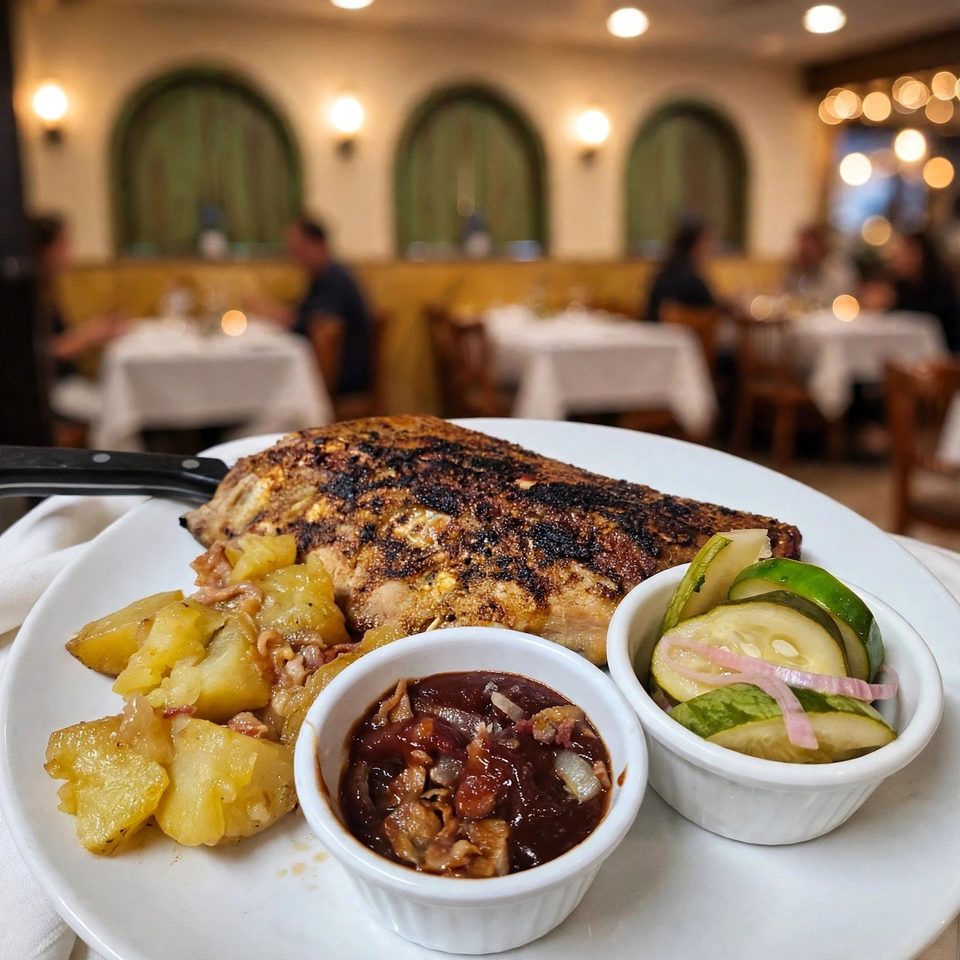 Grilled fish served with roasted potatoes, barbecue sauce, and pickled cucumber salad in a warmly lit restaurant.
