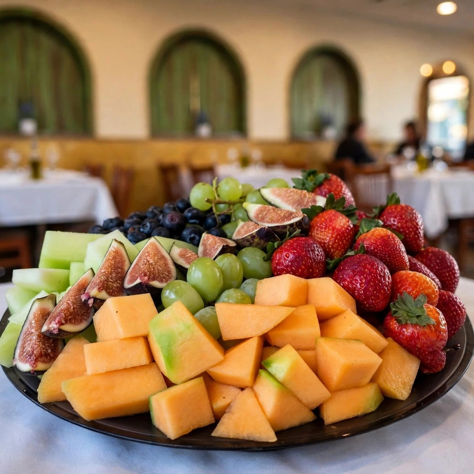 A platter of cantaloupe, strawberries, grapes, blueberries, honeydew, and sliced figs sits on a restaurant table.