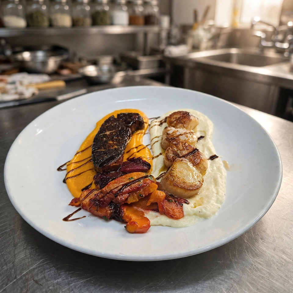 Plated seared scallops and glazed duck breast with roasted vegetables, purées, and balsamic drizzle in a professional kitchen.