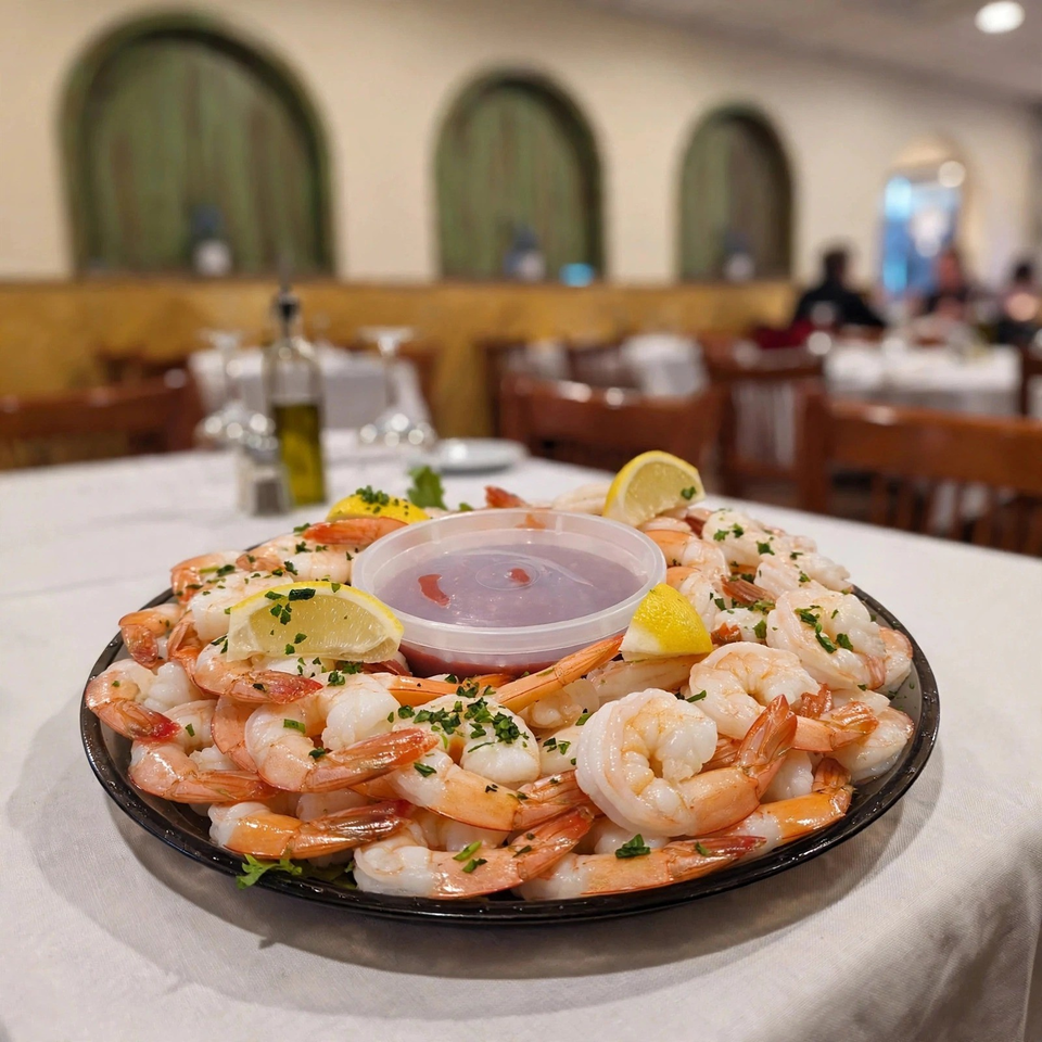 Platter of peeled shrimp garnished with parsley and lemon wedges surrounding a cup of dipping sauce in a restaurant dining room.