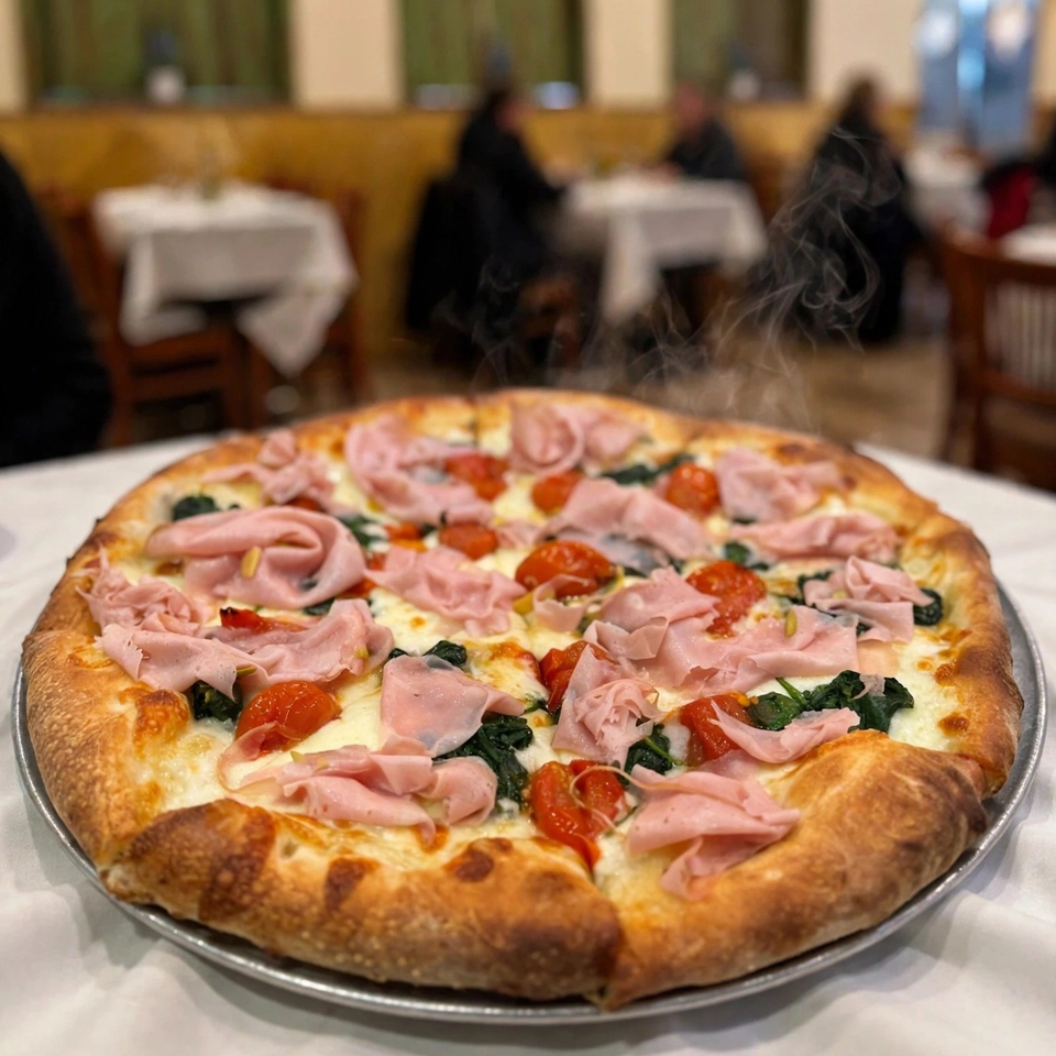 Freshly baked pizza topped with ham, cherry tomatoes, melted cheese, and greens, served steaming in a restaurant dining room.