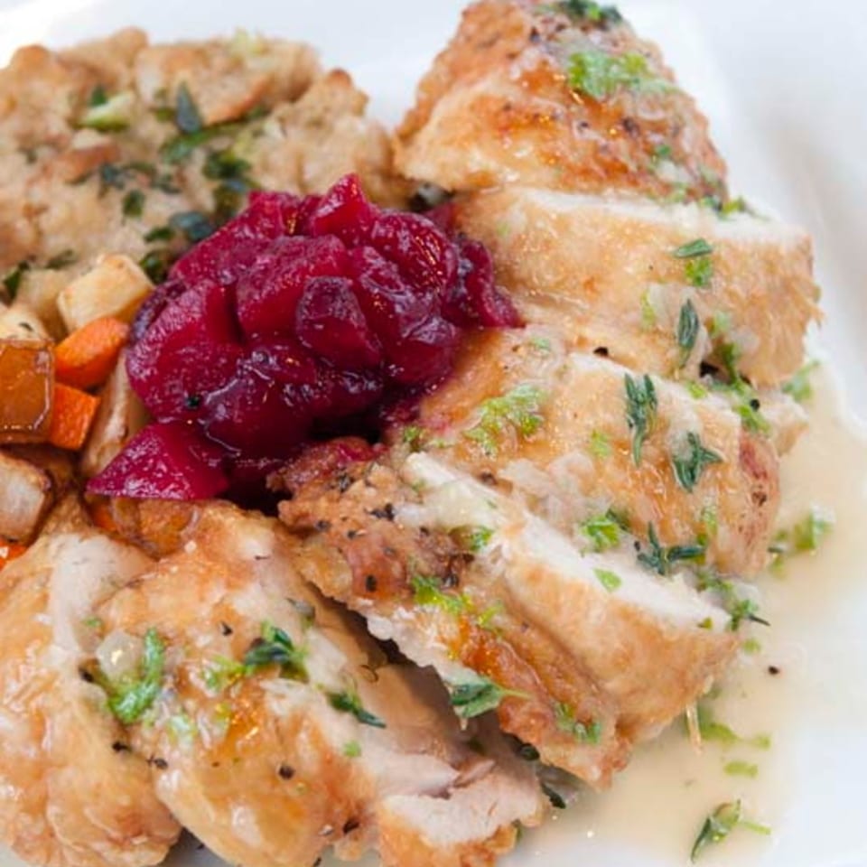 Sliced roasted chicken with gravy, cranberry sauce, and stuffing on a white plate.