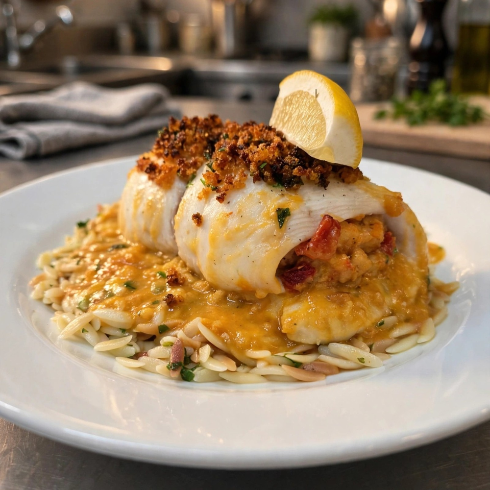 Stuffed baked fish fillets topped with breadcrumbs and lemon, served over creamy sauce and herbed orzo.