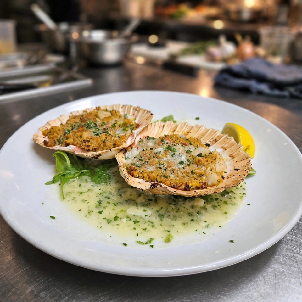 Two baked scallops in shells served with herb butter sauce, greens, and lemon on a white plate.