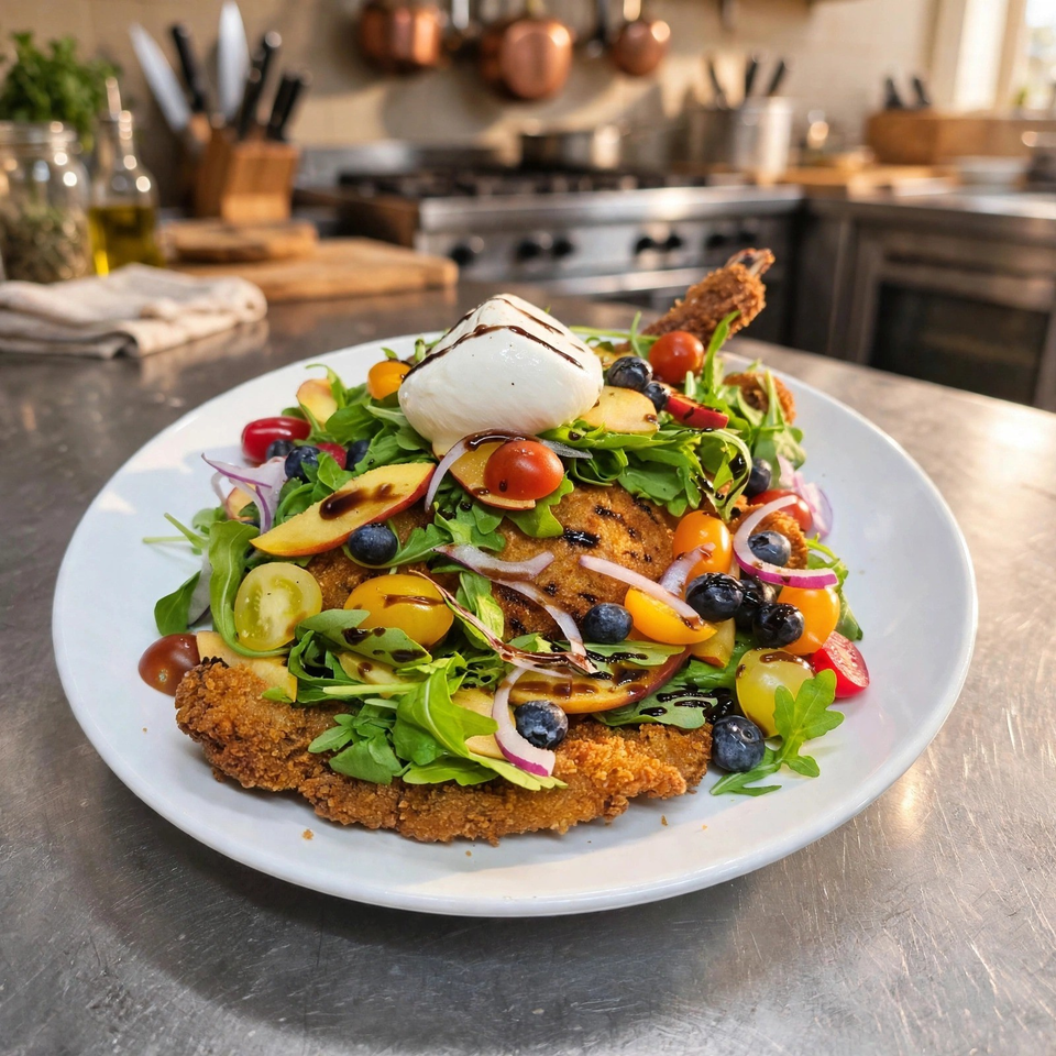 Crispy breaded cutlet topped with arugula, burrata, colorful tomatoes, blueberries, peaches, onions, and balsamic glaze.