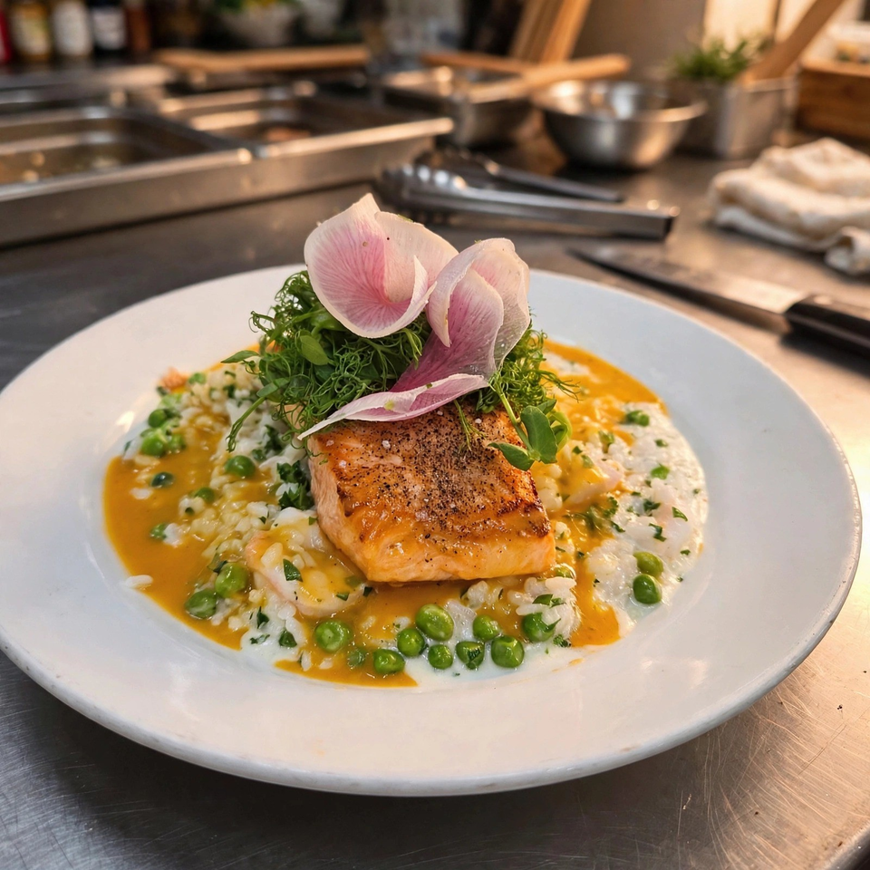 Seared salmon fillet served over creamy pea risotto with herb garnish and delicate pink edible flowers.