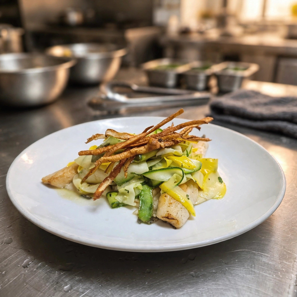 Plated entrée of grilled fish with zucchini ribbons, yellow squash, and crispy root vegetable strips in a professional kitchen.