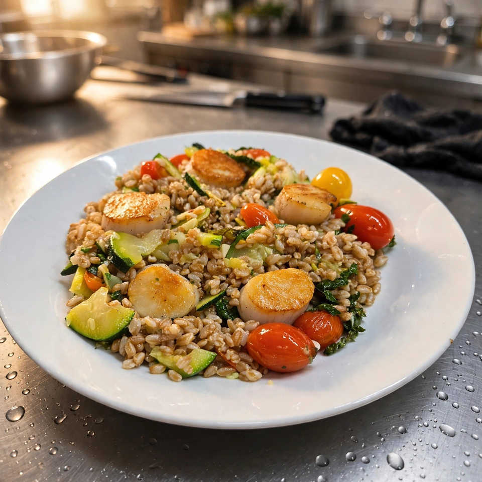 Seared scallops served over vegetable-filled barley with zucchini, cherry tomatoes, and leafy greens on a white plate.