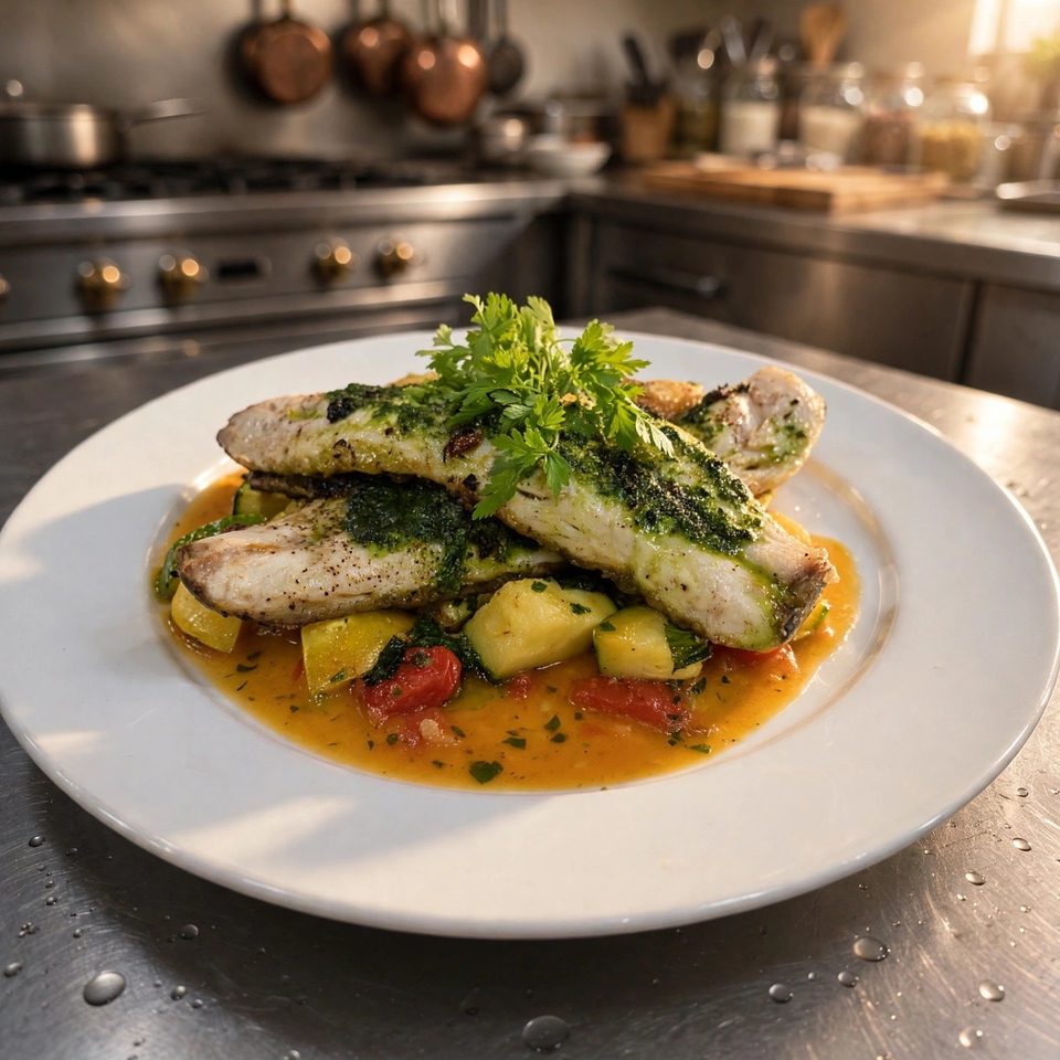 Grilled white fish topped with green herb sauce and parsley, served over vegetables in a shallow tomato broth on a white plate.