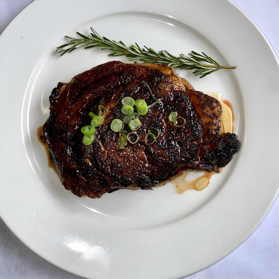 A perfectly seared steak, garnished with fresh rosemary and sliced green onions, on a white plate.
