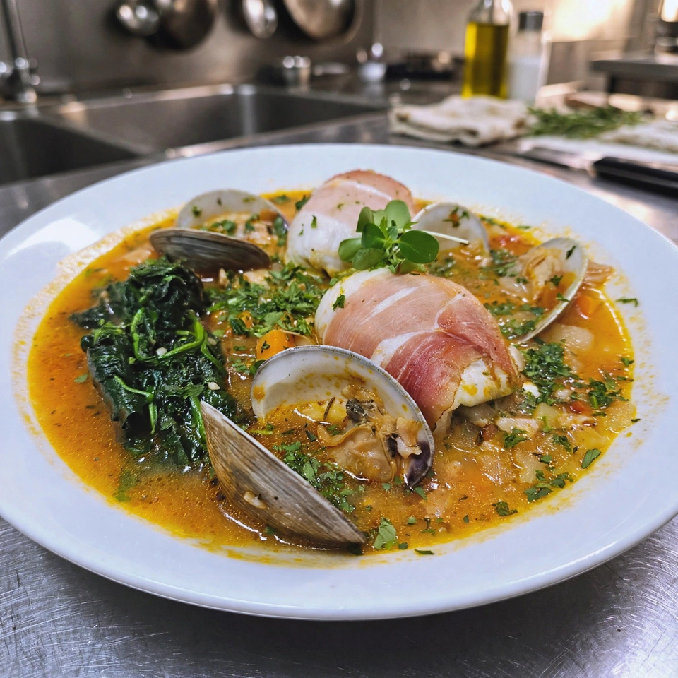 Plate of clams and prosciutto-wrapped seafood in a fragrant orange sauce, garnished with herbs and sautéed greens.