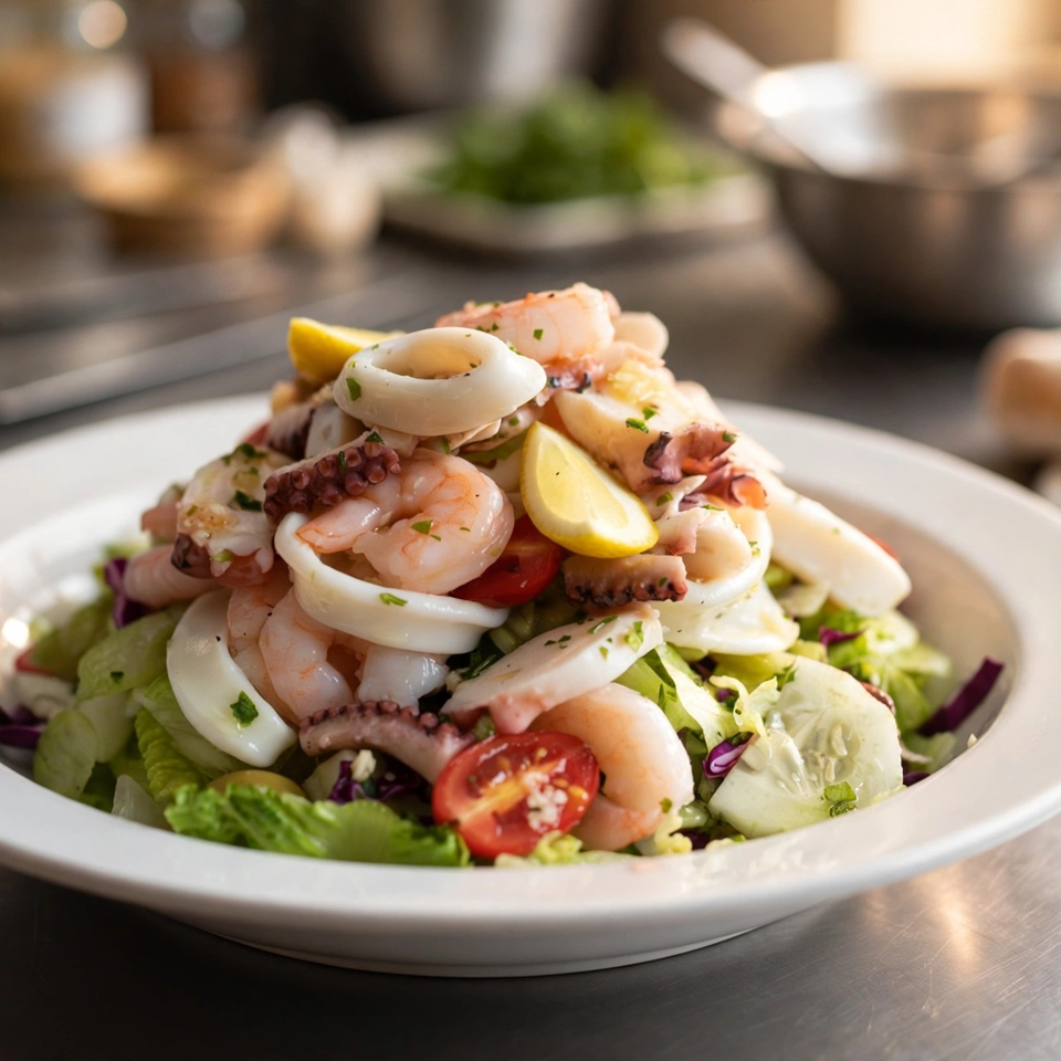 Seafood salad topped with shrimp, calamari, octopus, lemon wedges, tomatoes, cucumber, and leafy greens on a white plate.