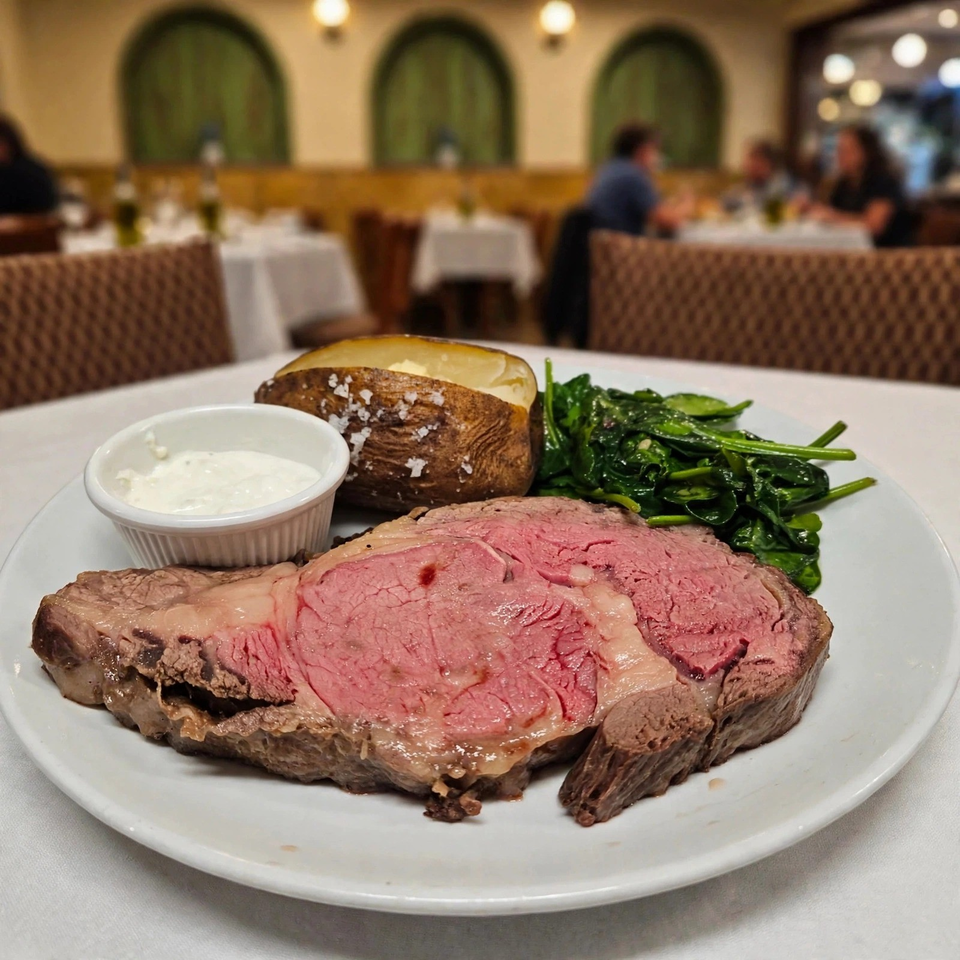 Sliced medium-rare prime rib served with a baked potato, creamed horseradish, and sautéed spinach in an elegant restaurant.