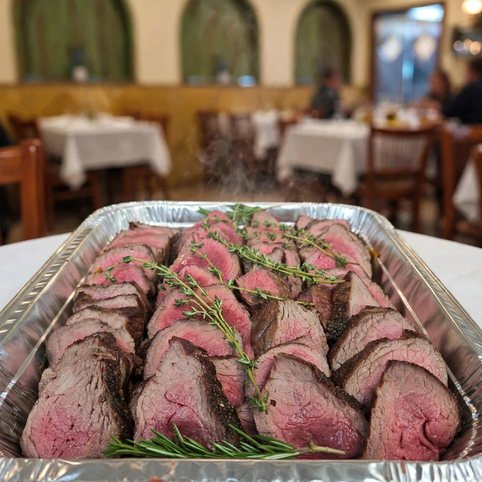 Sliced medium-rare roast beef garnished with thyme and rosemary in a foil tray, set on a restaurant table.