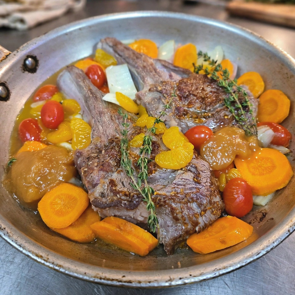 Roasted beef served in a skillet with carrots, tomatoes, onions, apricots, and fresh thyme.