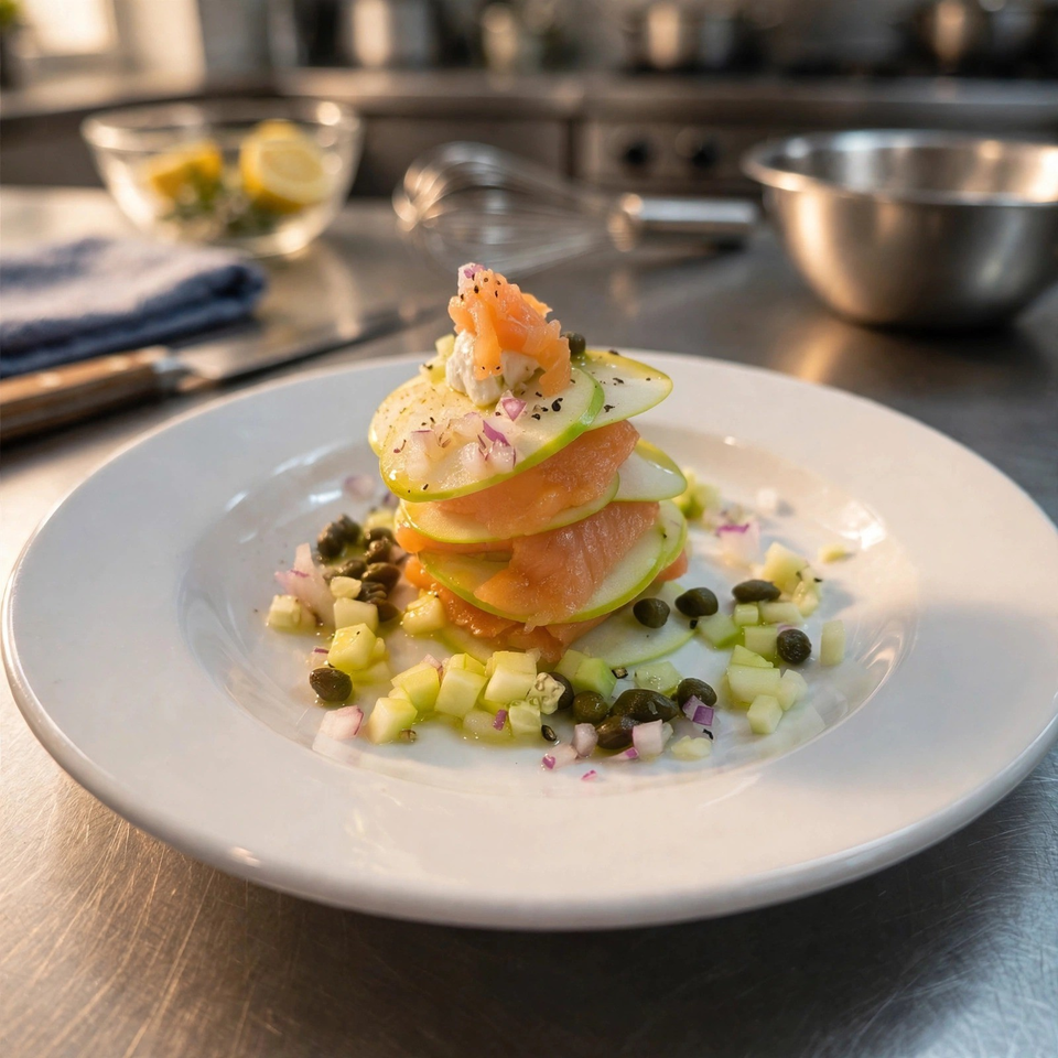 Plated salmon and thinly sliced apple stack garnished with capers, diced vegetables, and herbs on a white plate.