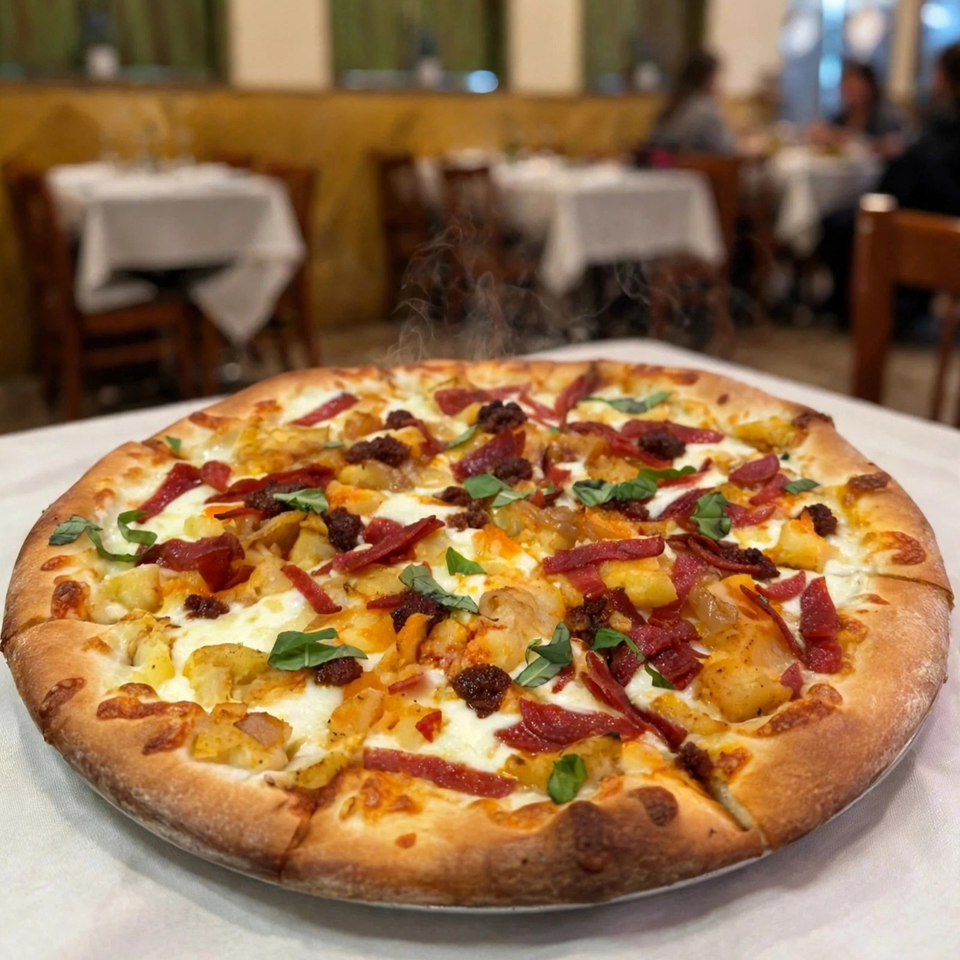 Freshly baked pizza topped with melted cheese, sliced peppers, herbs, vegetables, and cured meat in an elegant restaurant.