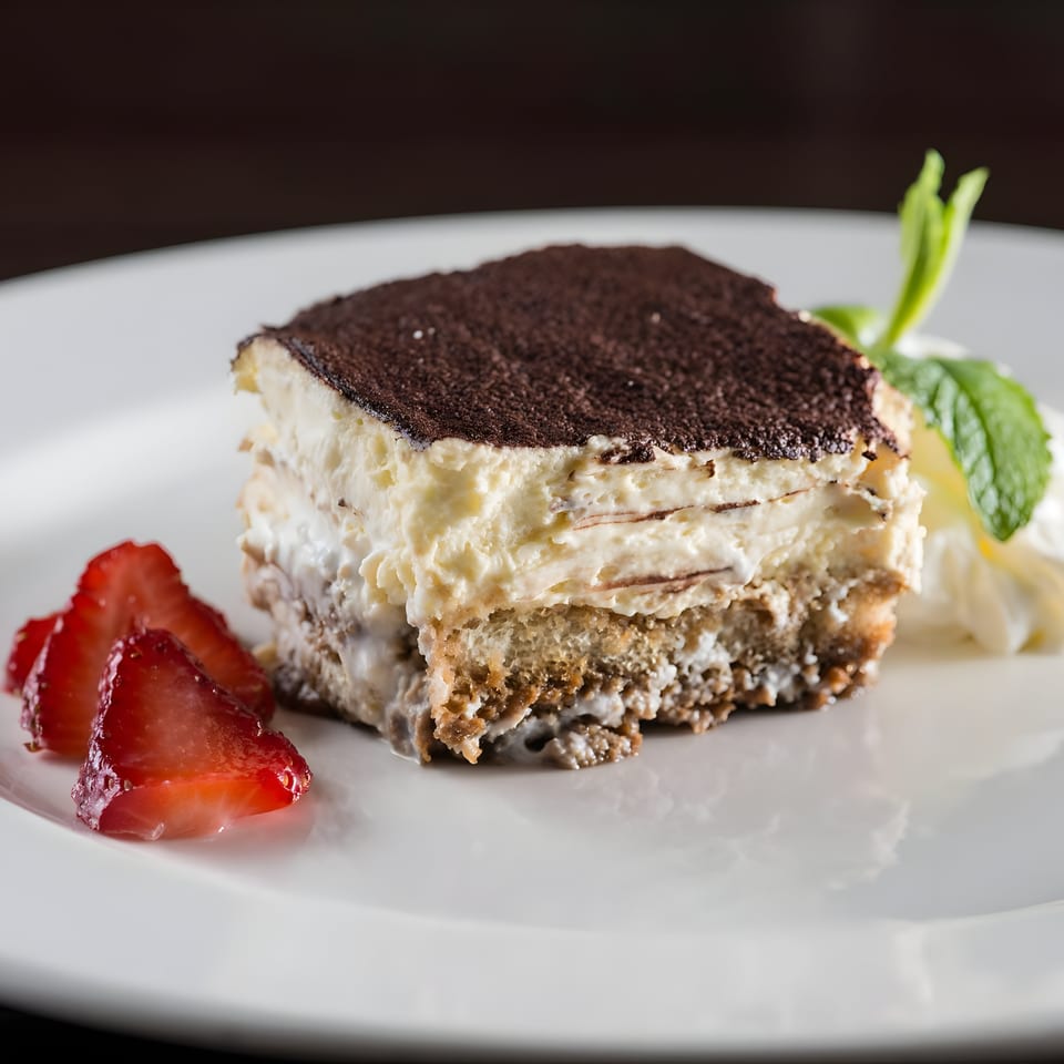 A slice of tiramisu with cocoa powder, whipped cream, mint, and sliced strawberries on a white plate.