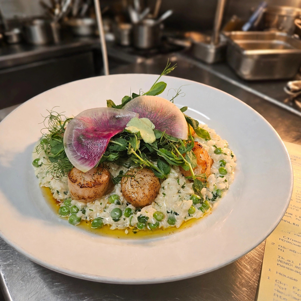 Seared scallops on creamy pea risotto, garnished with microgreens and thinly sliced watermelon radish in a restaurant kitchen.