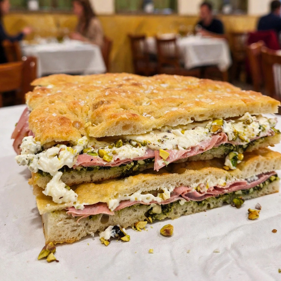 Stacked focaccia sandwich filled with sliced meat, creamy cheese, pistachios, and green spread, served in a restaurant.