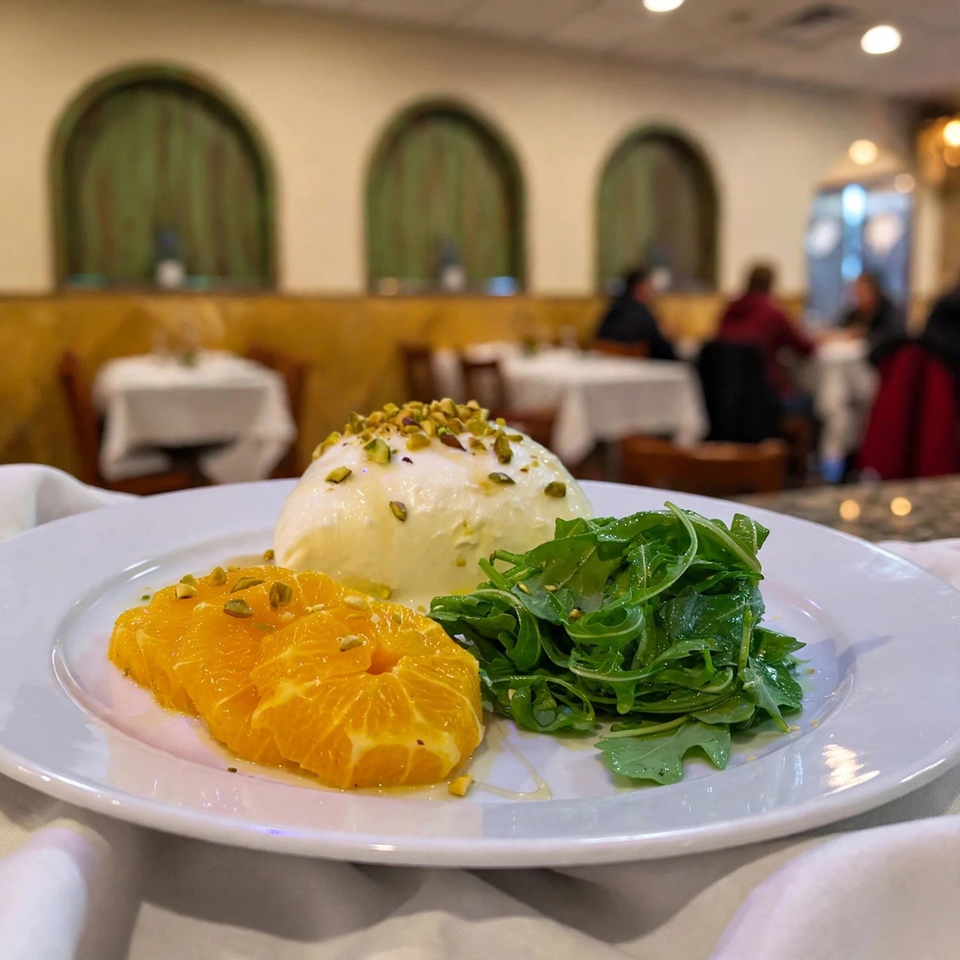 Plate of creamy burrata topped with pistachios, orange slices, and arugula salad in a warmly lit restaurant.