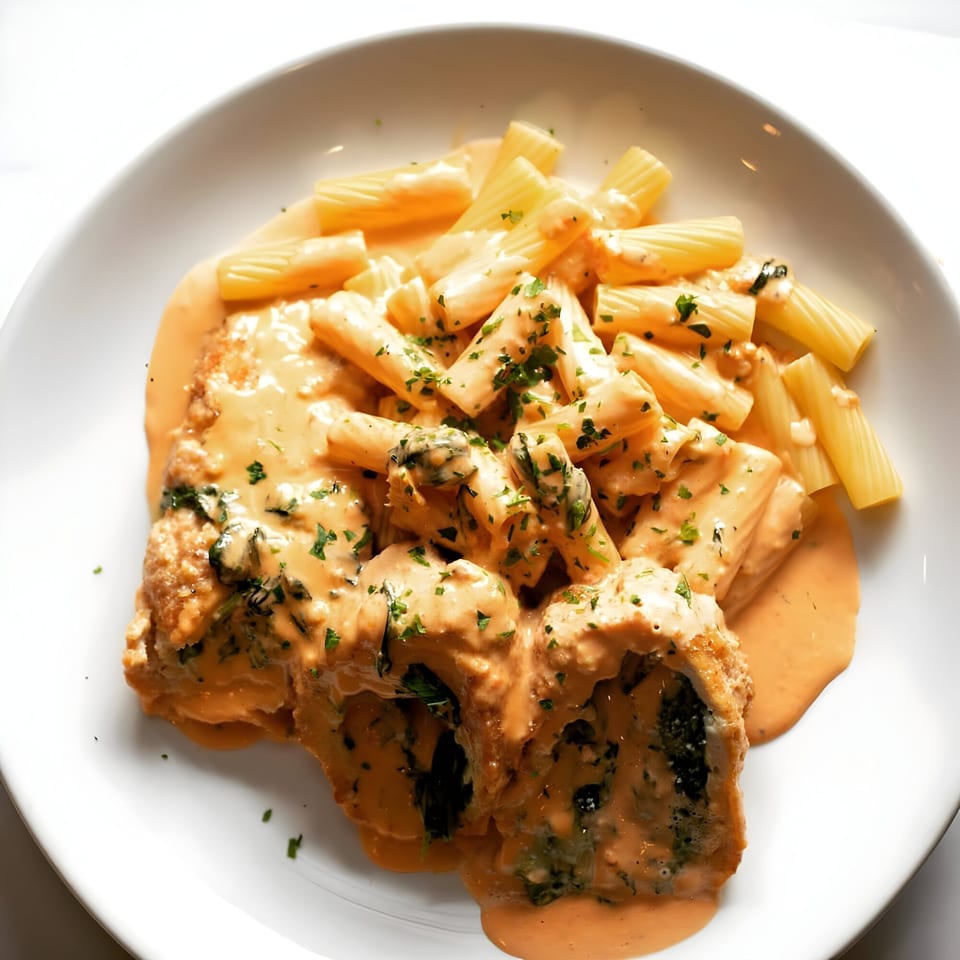 Rosario's Trattoria & Pizzeria's chicken and pasta dish, coated in a creamy orange sauce and garnished with parsley.