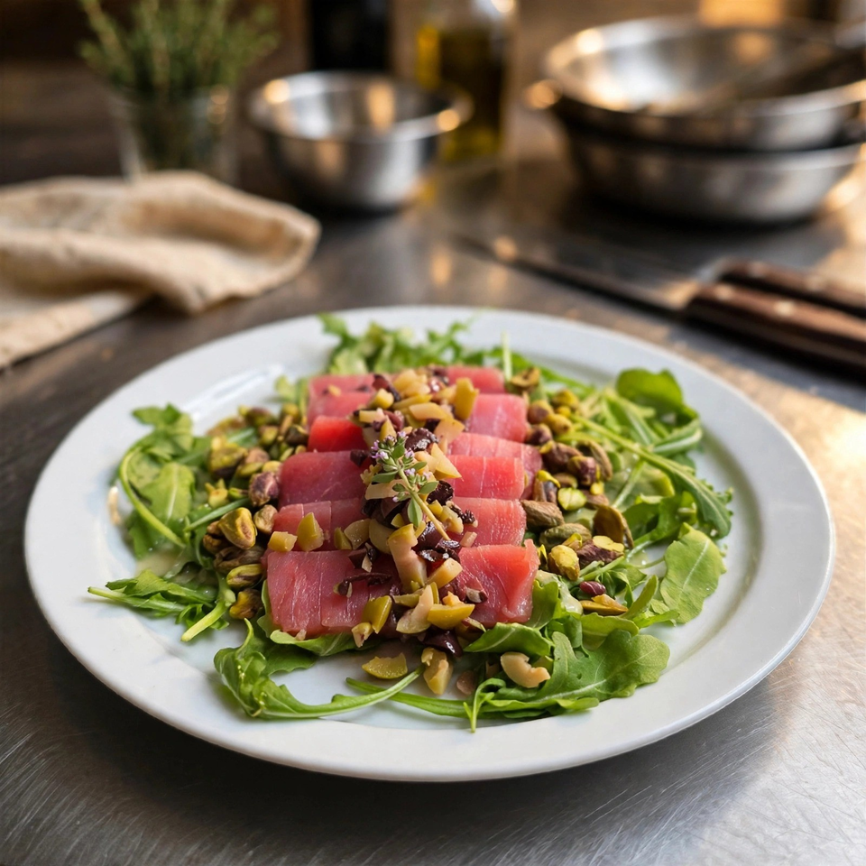 Sliced seared tuna arranged over arugula with chopped olives, pistachios, and herbs on a white plate.