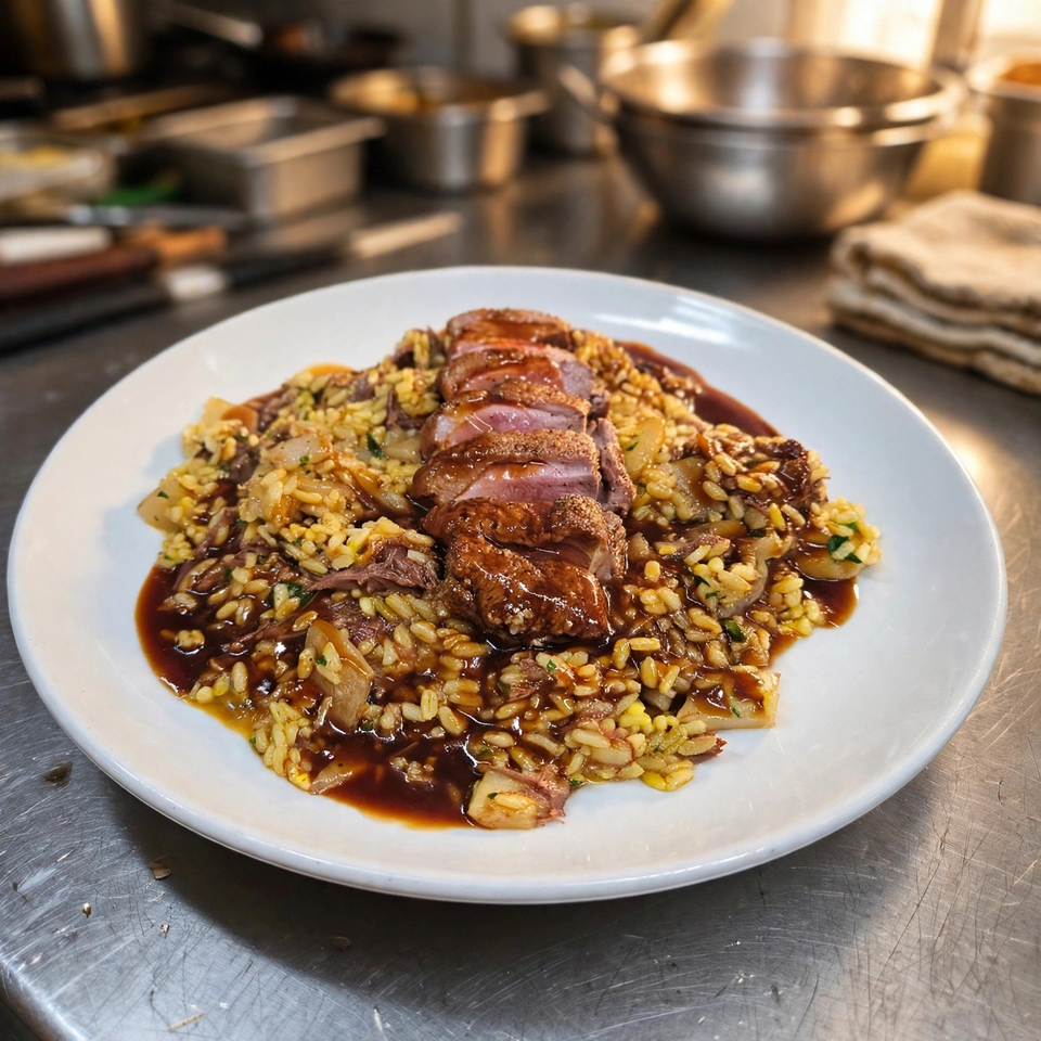 Sliced seared duck breast atop mushroom rice, surrounded by glossy brown sauce on a white plate in a restaurant kitchen.
