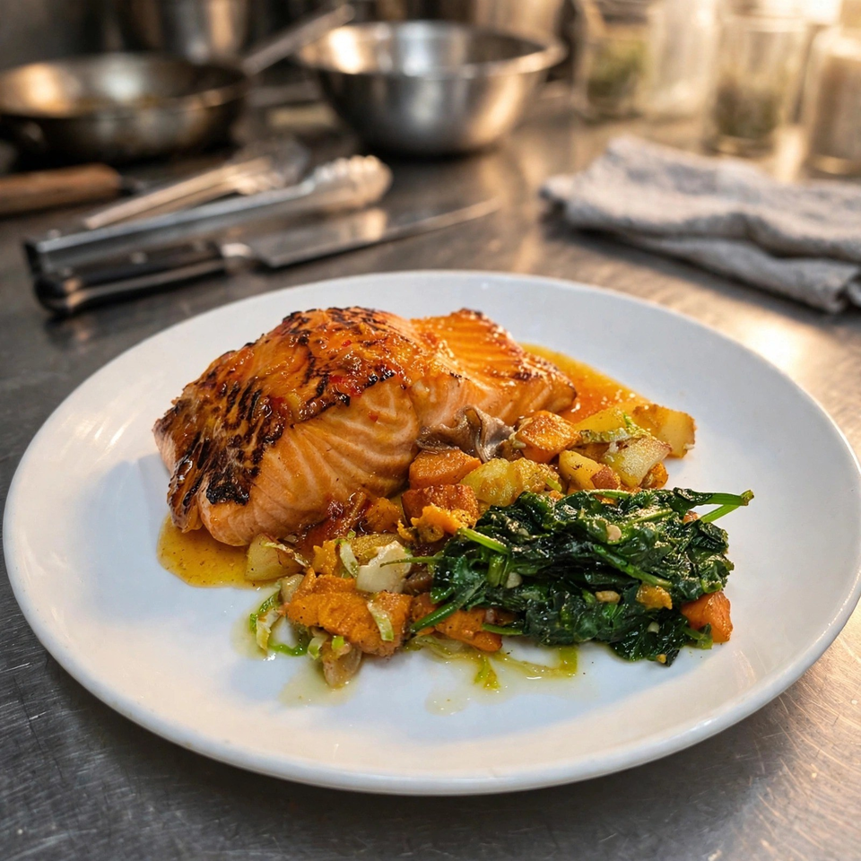 Seared salmon fillet plated with roasted vegetables and sautéed spinach on a white plate in a commercial kitchen.