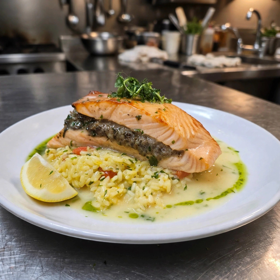 Seared salmon stuffed with herb filling, served over creamy vegetable risotto with lemon wedge and microgreens in a restaurant kitchen.
