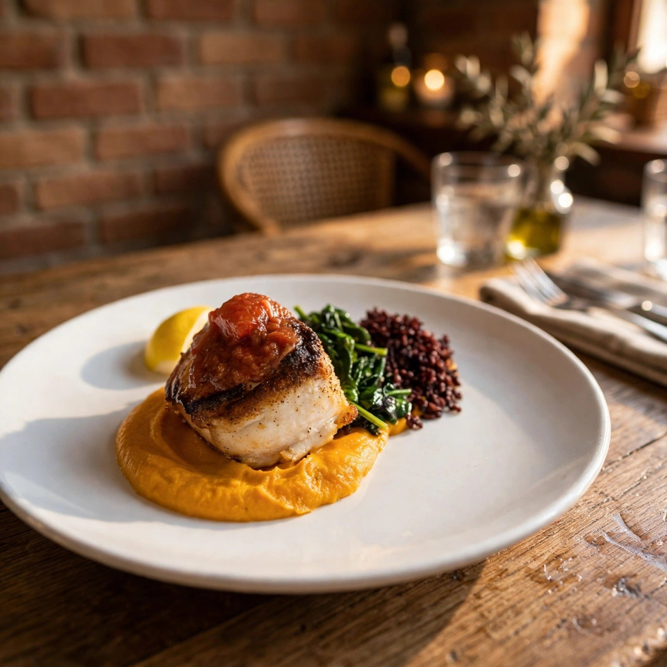 Seared fish fillet with tomato topping, carrot purée, sautéed greens, and black rice on a white plate in a warmly lit restaurant.