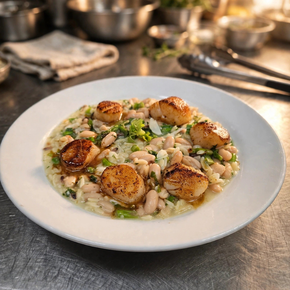 Seared scallops served over creamy white beans, greens, and grains on a white plate in a restaurant kitchen.