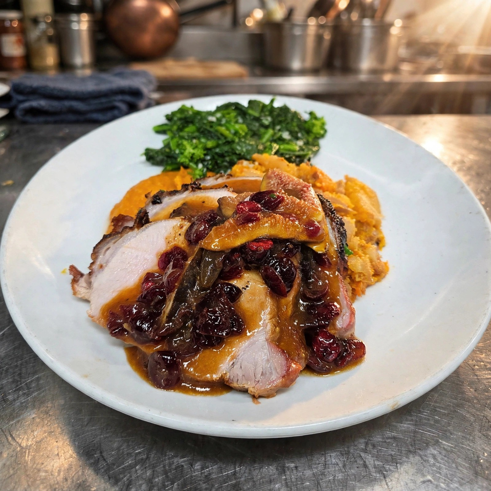 Sliced roasted duck topped with dried fruit sauce, served with mashed sweet potatoes and sautéed greens on a white plate.