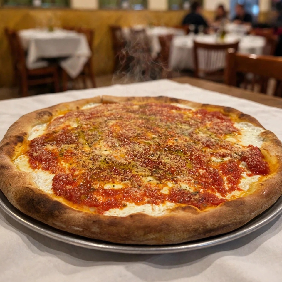 Freshly baked thin-crust pizza with tomato sauce, melted cheese, herbs, and olive oil on a metal tray in a warmly lit restaurant.