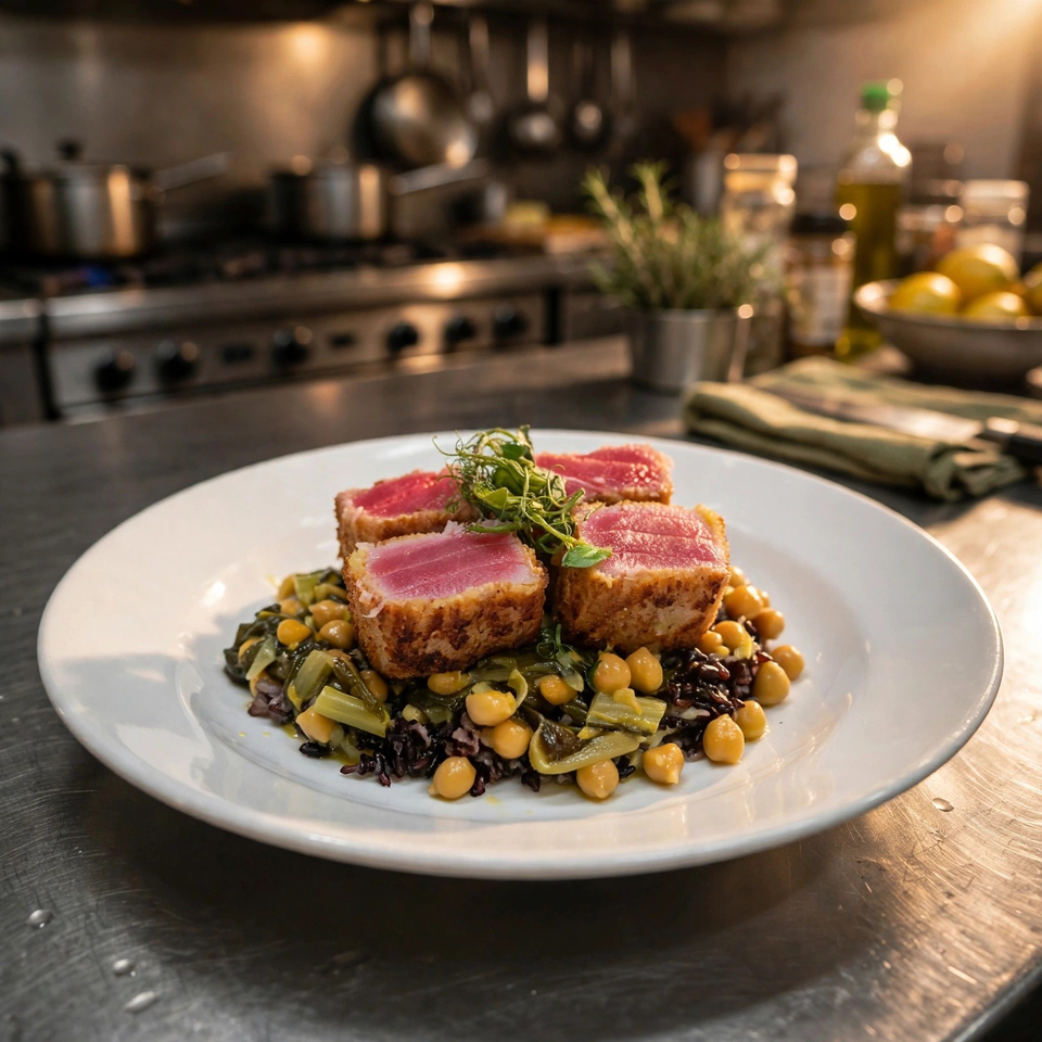 Crispy seared tuna cubes with pink centers served over black rice, chickpeas, greens, and herbs on a white plate.