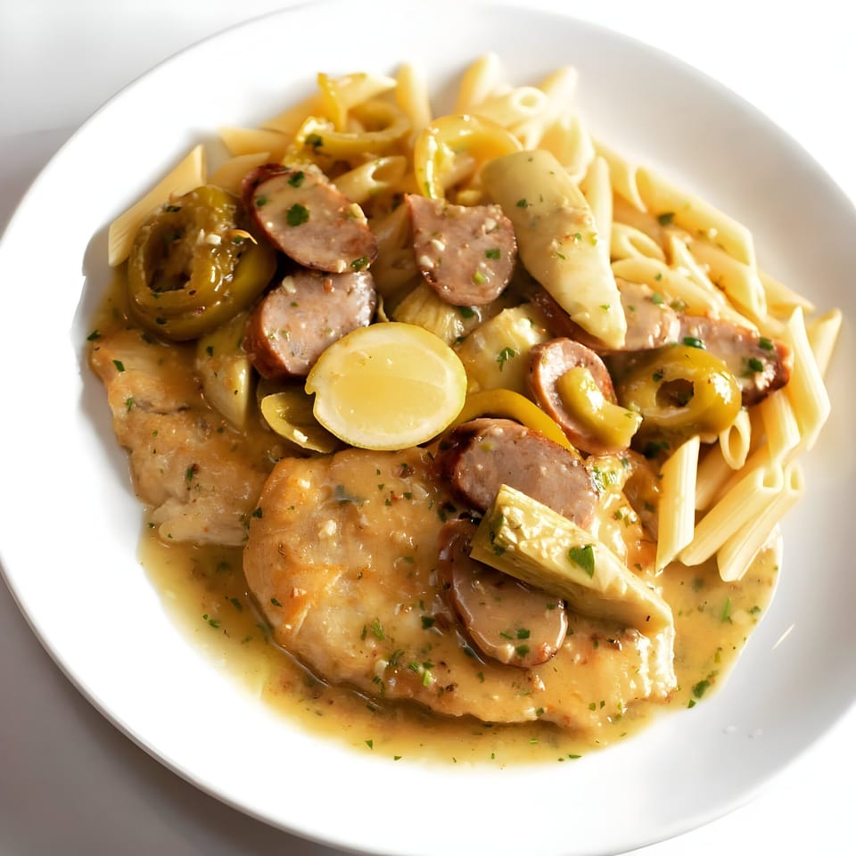 Chicken and sausage penne pasta with artichokes, peppers, and lemon in a creamy sauce.