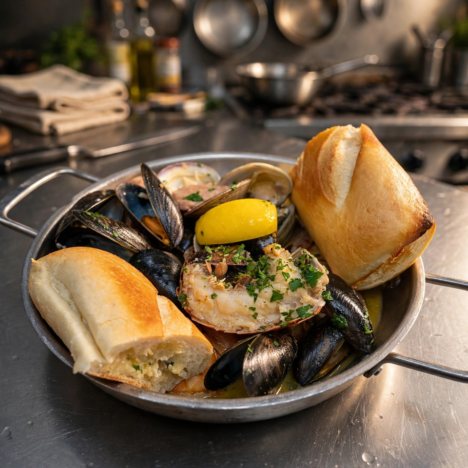 Pan of mussels, clams, crab, lemon, and toasted bread garnished with herbs on a stainless-steel restaurant counter.