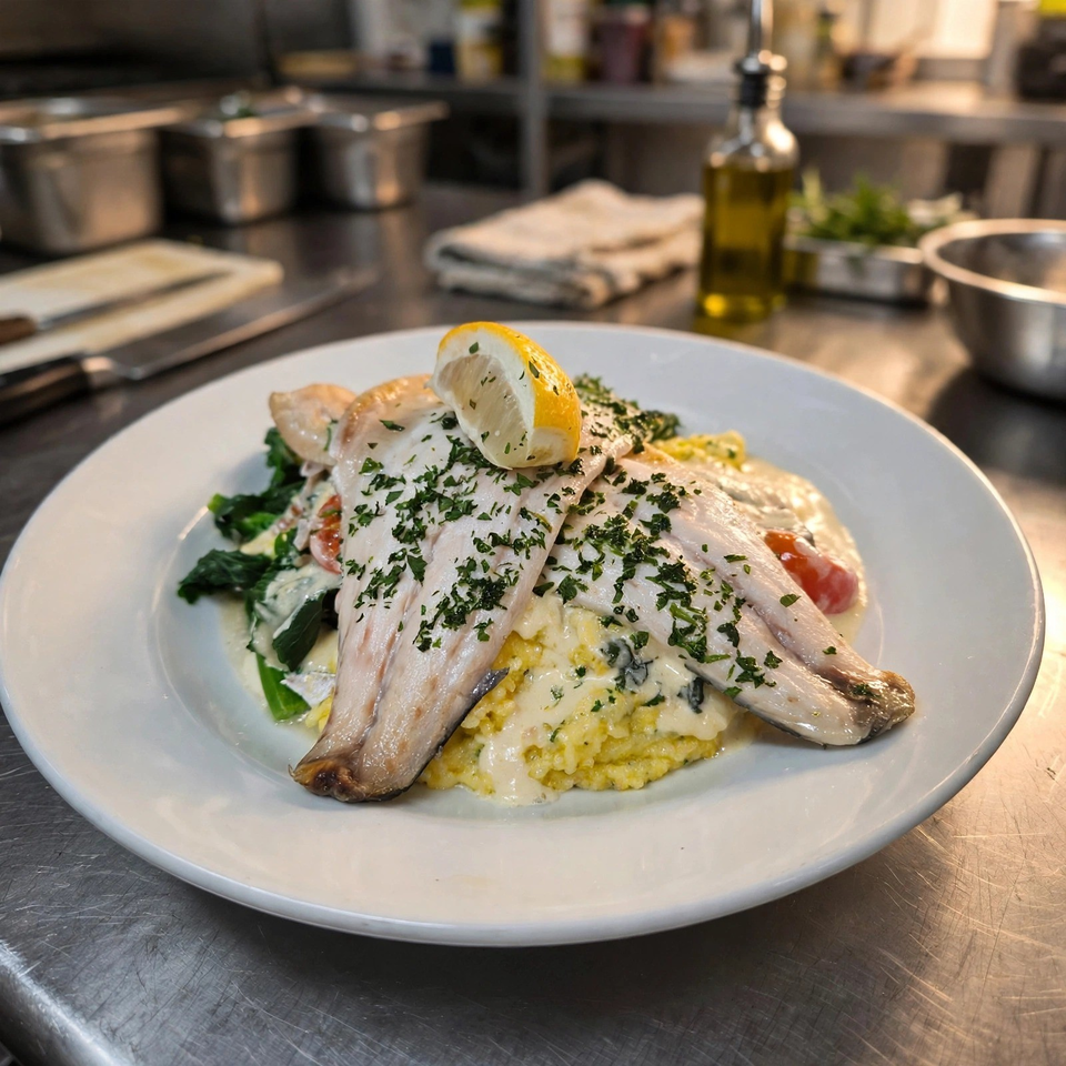Plated fish fillets with lemon, herbs, creamy sauce, and yellow risotto in a restaurant kitchen.