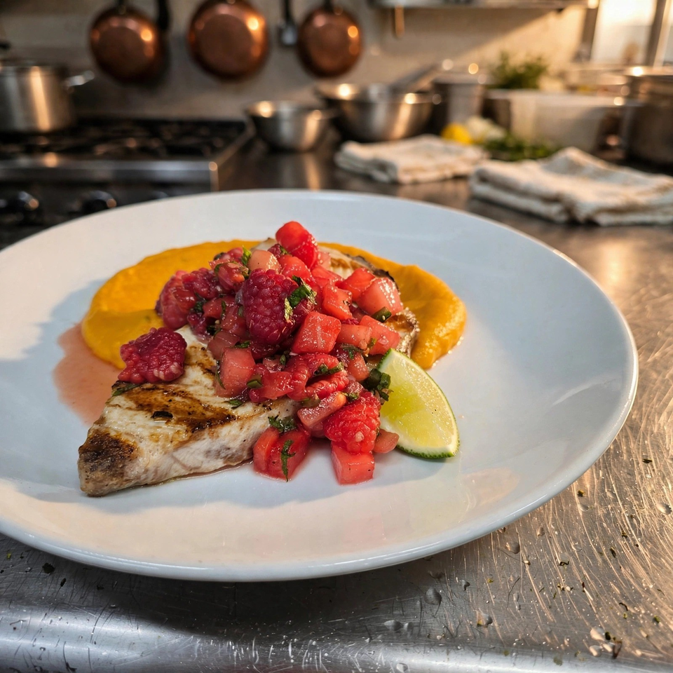 Grilled fish topped with berry salsa, served with orange purée and lime wedge on a white plate in a restaurant kitchen.